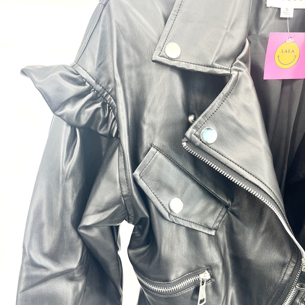 Women’s Chic Black Leather Jacket with Ruffle Sleeves Pockets Snap Buttons - Picture 5 of 9
